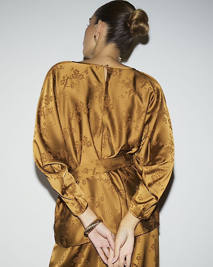 Bronze Floral Obi Belt Batwing Top