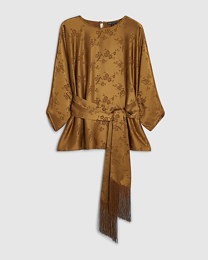 Bronze Floral Obi Belt Batwing Top