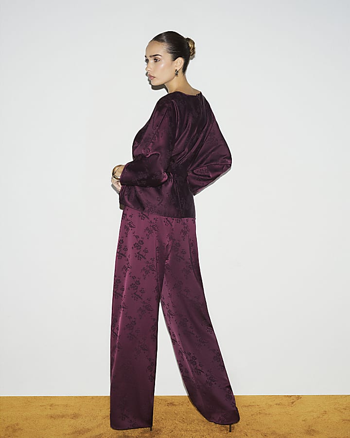 Burgundy Satin Jacquard Wide Leg Trousers