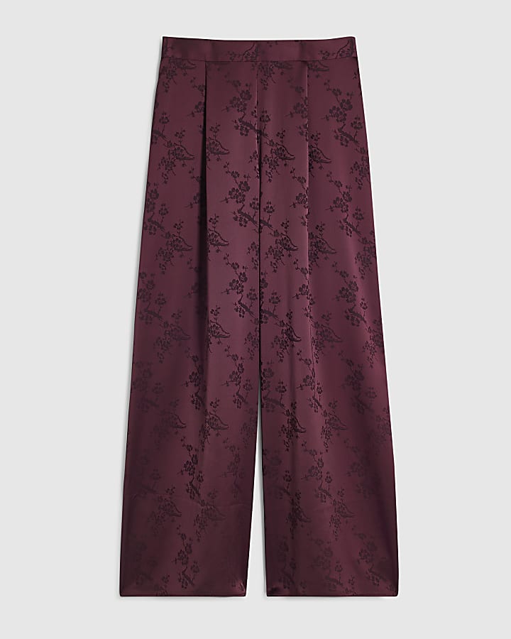 Burgundy Satin Jacquard Wide Leg Trousers