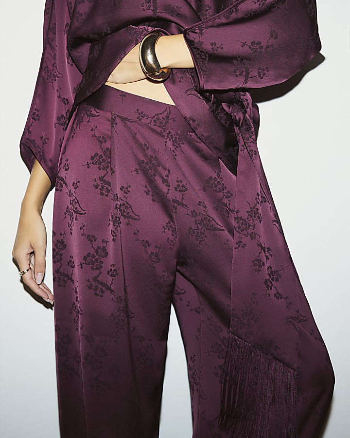 Burgundy Satin Jacquard Wide Leg Trousers