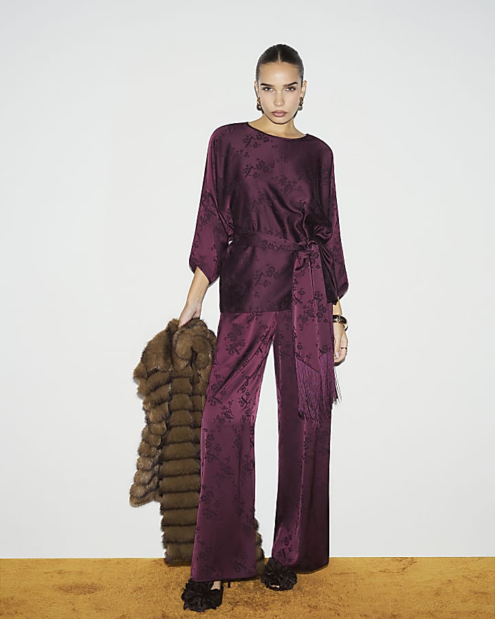 Burgundy Satin Jacquard Wide Leg Trousers