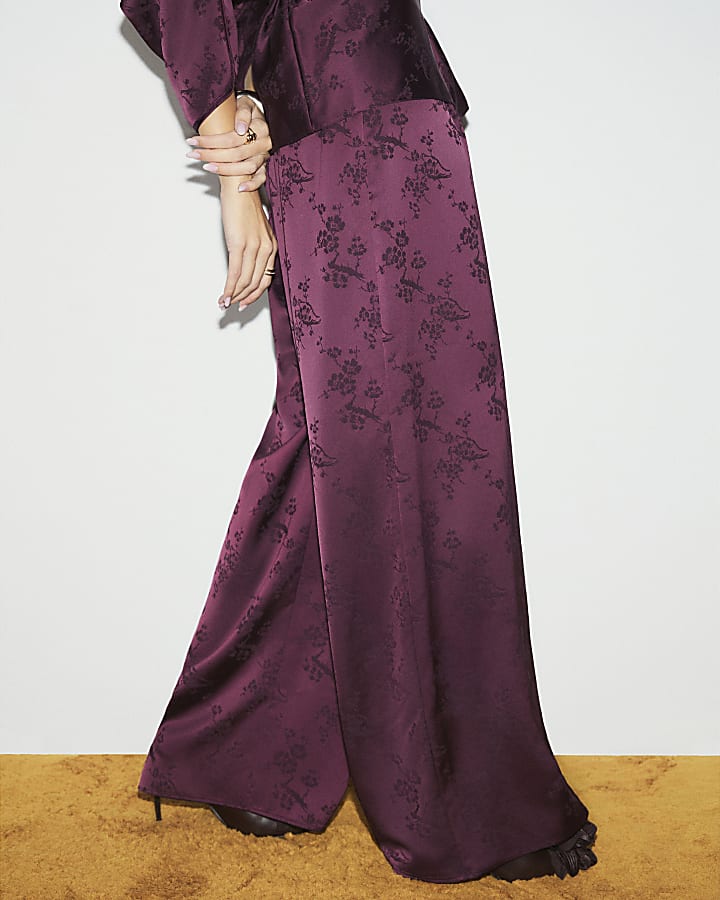 Burgundy Satin Jacquard Wide Leg Trousers