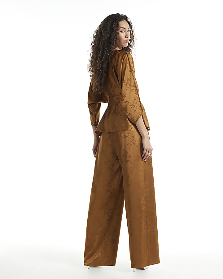 Brown Satin Jacquard Wide Leg Trousers