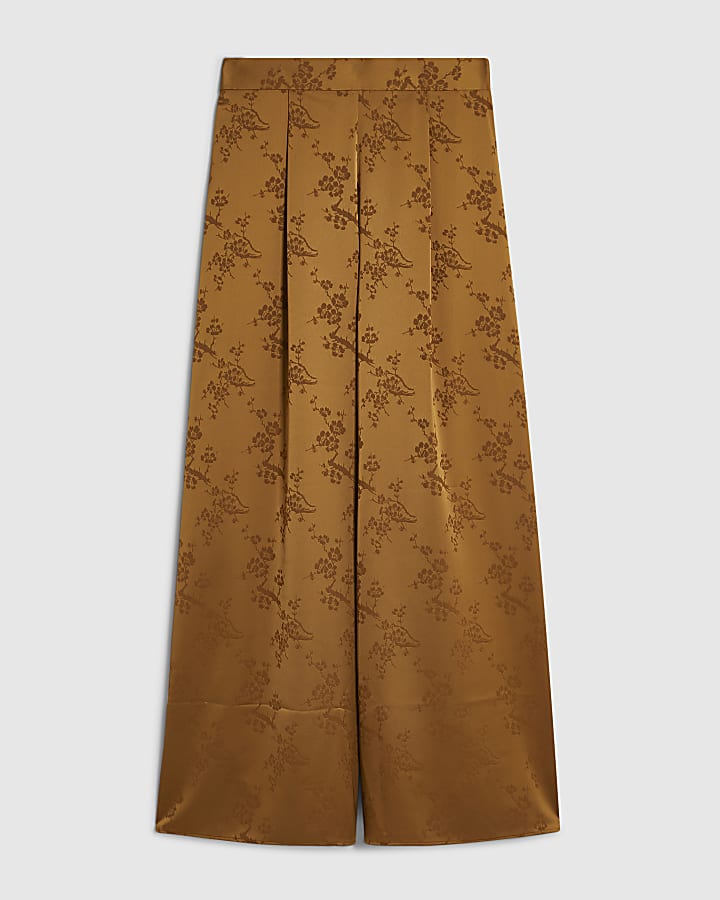 Brown Satin Jacquard Wide Leg Trousers