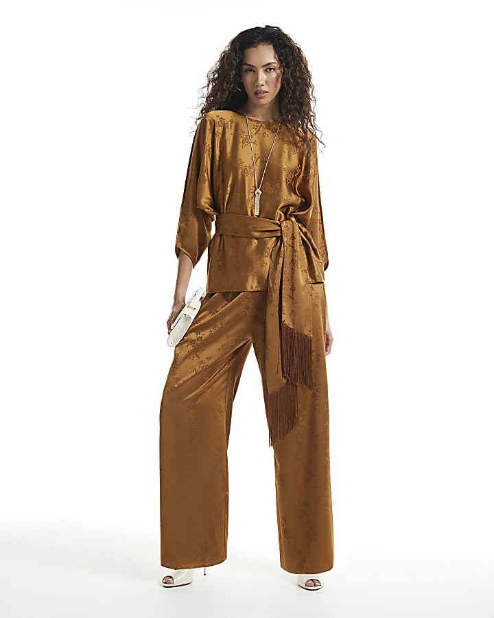 Brown Satin Jacquard Wide Leg Trousers