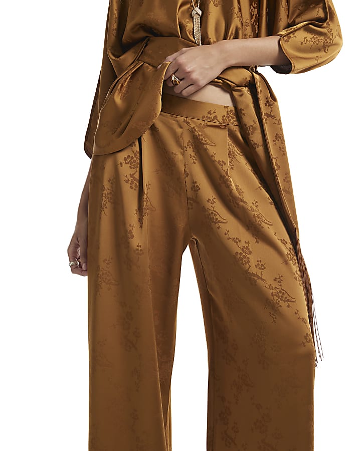 Brown Satin Jacquard Wide Leg Trousers