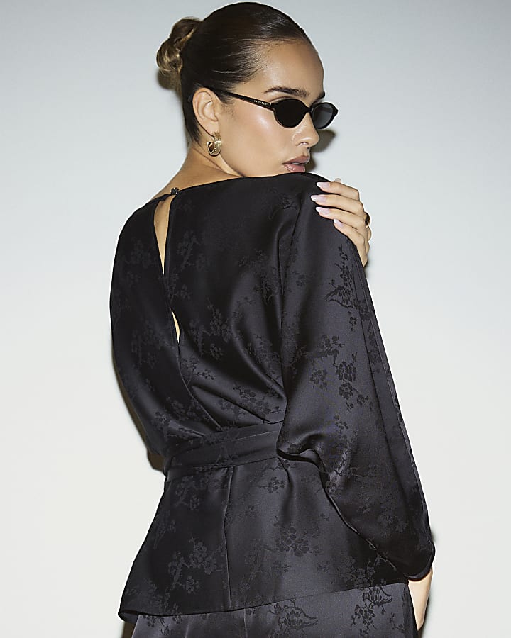 Black Satin Jacquard Wide Leg Trousers