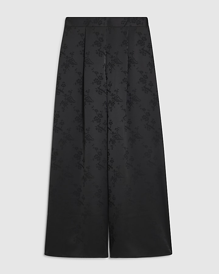 Black Satin Jacquard Wide Leg Trousers