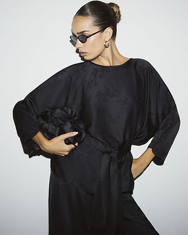 Black Satin Jacquard Wide Leg Trousers