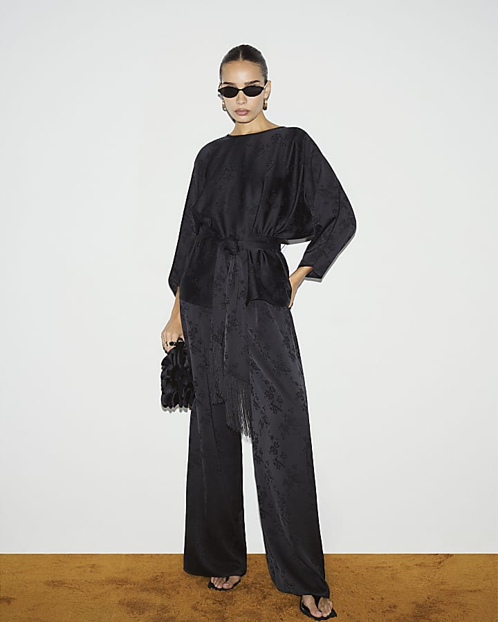 Black Satin Jacquard Wide Leg Trousers