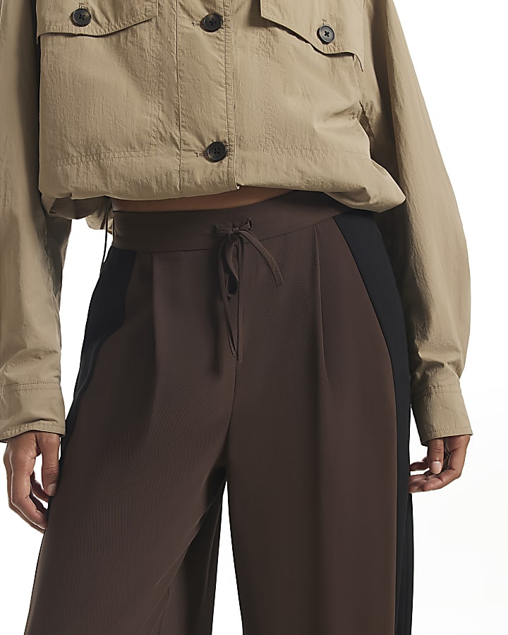 Brown Side Stripe Wide Leg Joggers