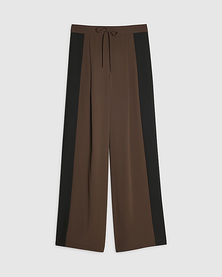 Brown Side Stripe Wide Leg Joggers