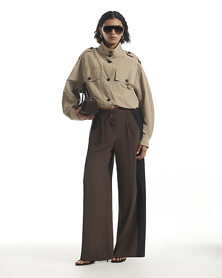 Brown Side Stripe Wide Leg Joggers