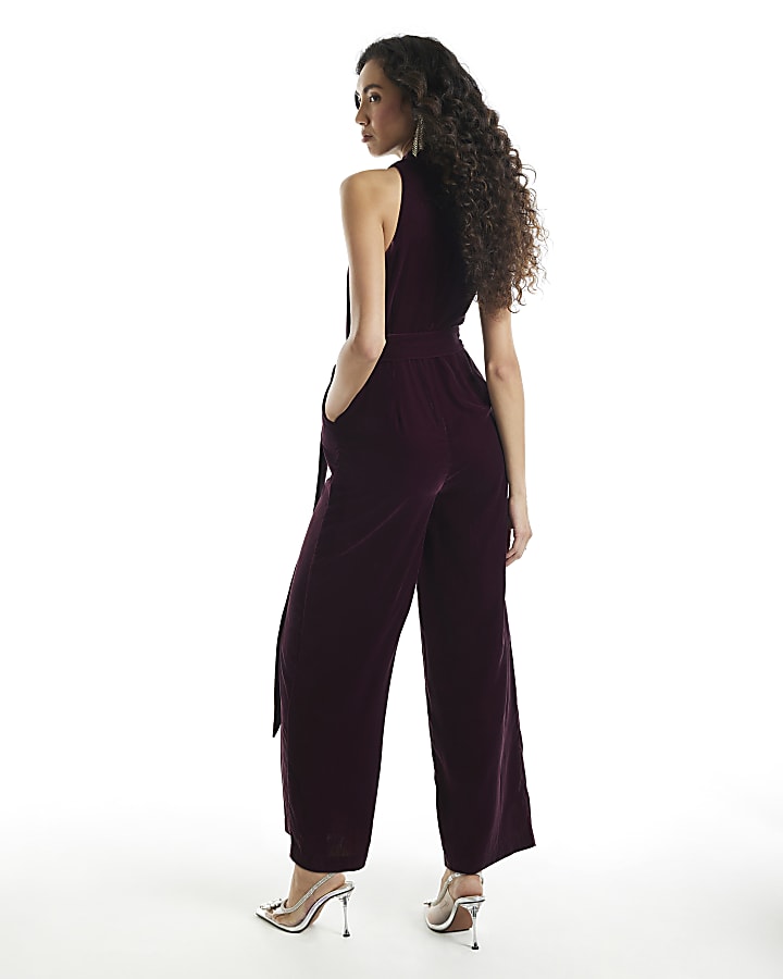 Burgundy Velvet Keyhole Jumpsuit