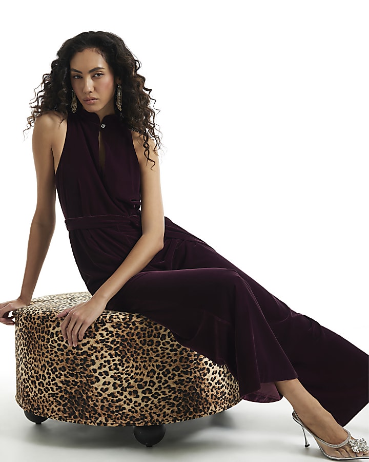 Burgundy Velvet Keyhole Jumpsuit
