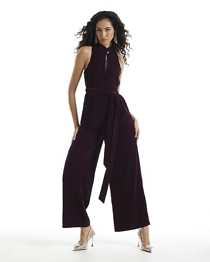 Burgundy Velvet Keyhole Jumpsuit