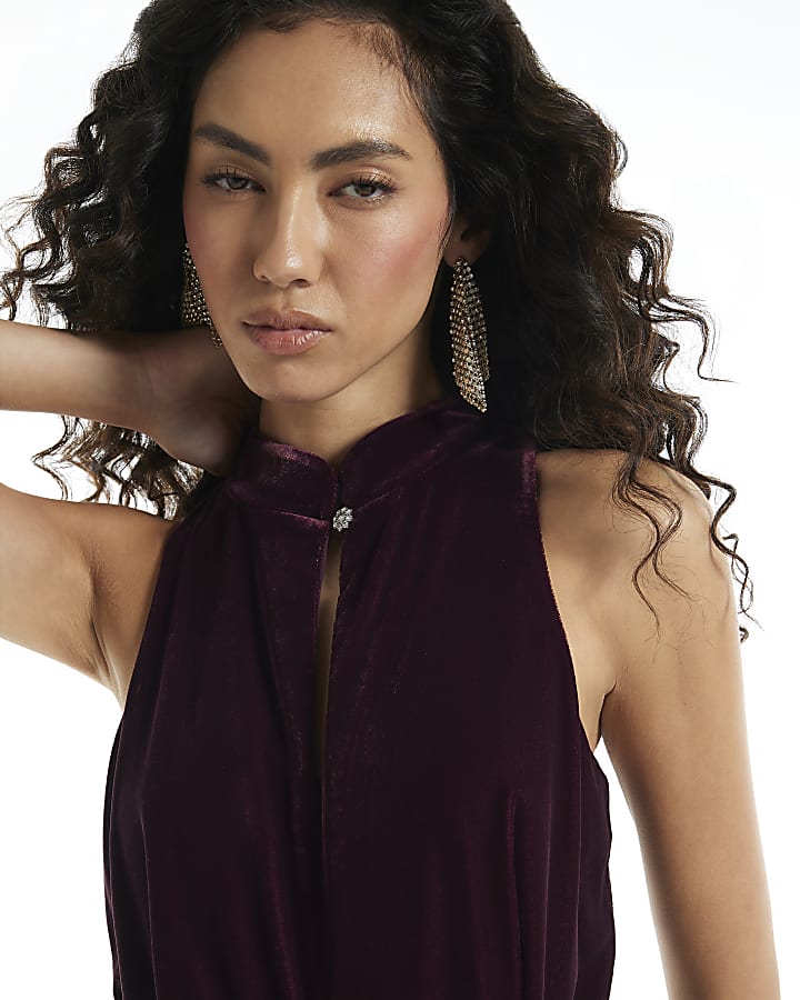 Burgundy Velvet Keyhole Jumpsuit