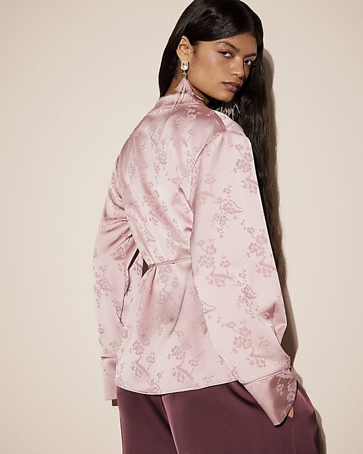 Pink Satin Floral Jacquard Wrap Top