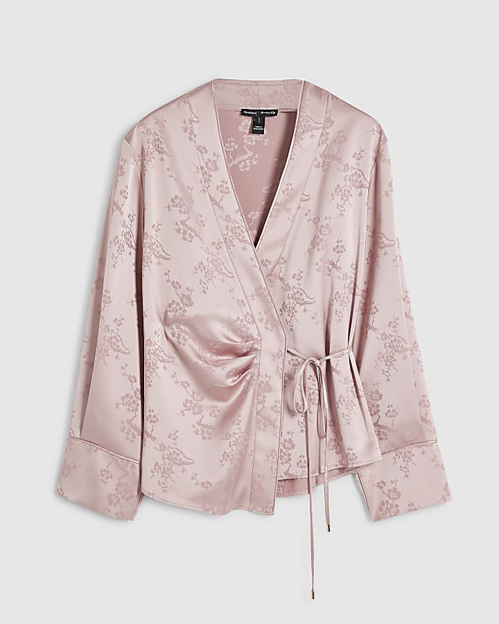 Pink Satin Floral Jacquard Wrap Top