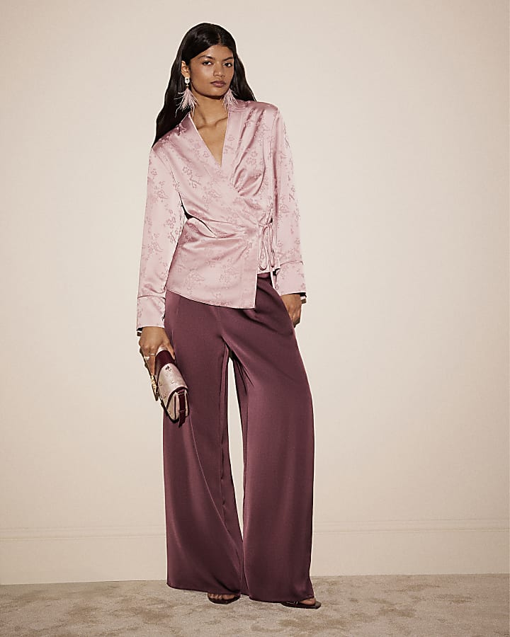 Pink Satin Floral Jacquard Wrap Top