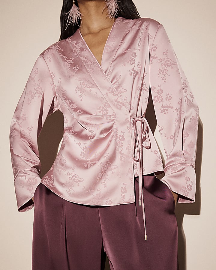 Pink Satin Floral Jacquard Wrap Top