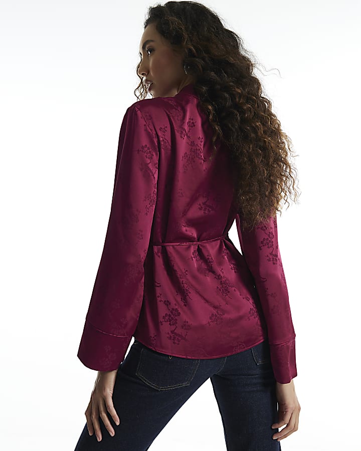 Burgundy Satin Floral Jacquard Wrap Top