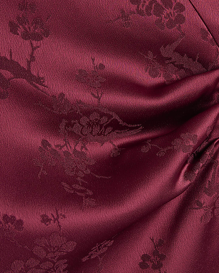 Burgundy Satin Floral Jacquard Wrap Top