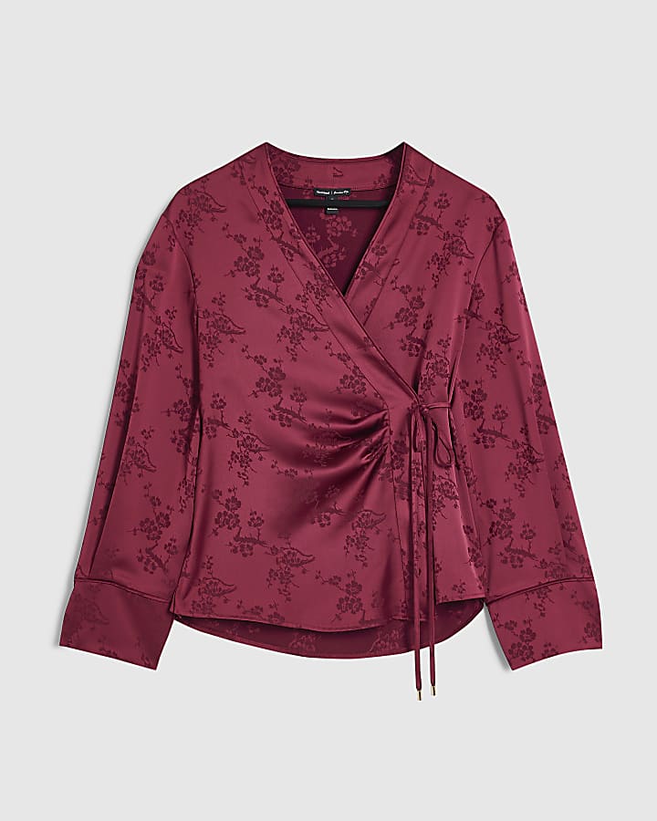 Burgundy Satin Floral Jacquard Wrap Top