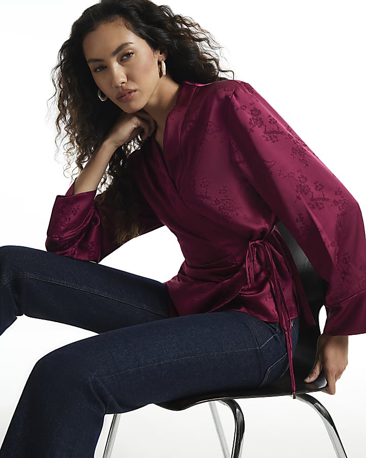 Burgundy Satin Floral Jacquard Wrap Top