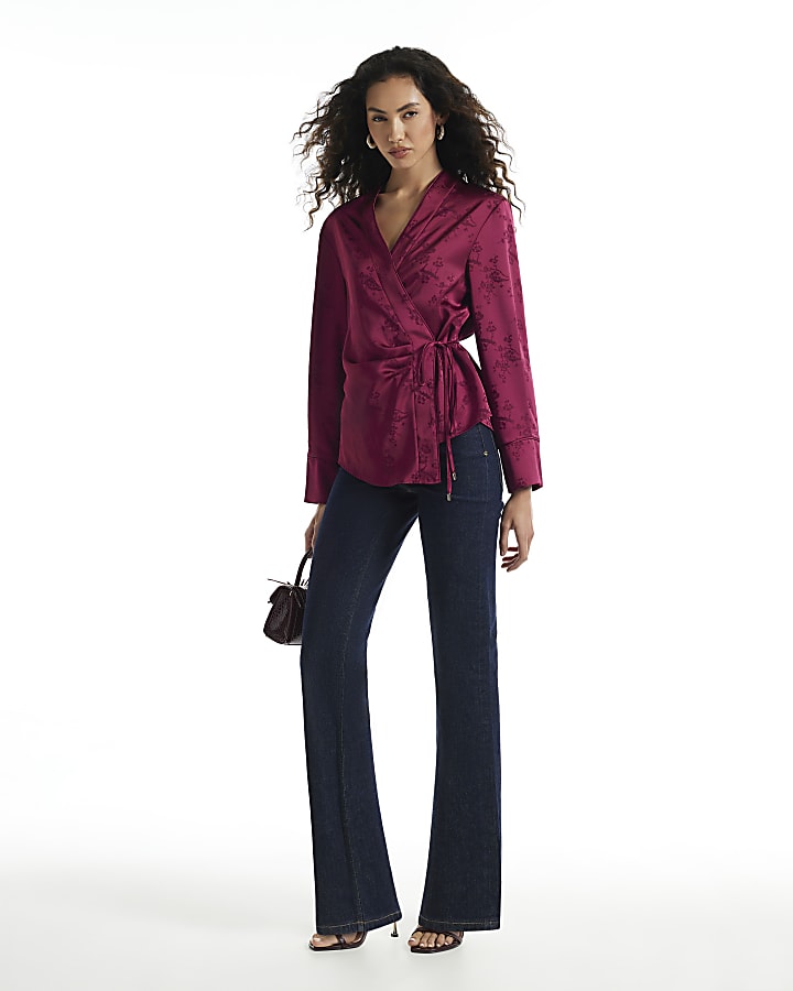 Burgundy Satin Floral Jacquard Wrap Top