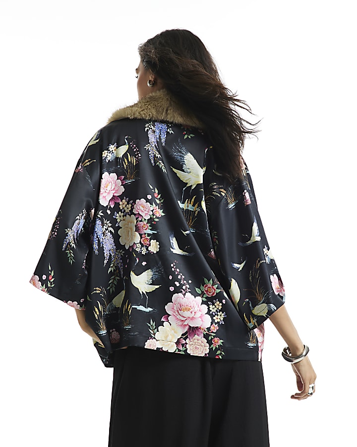 Black Satin Floral Faux Fur Trim Kimono