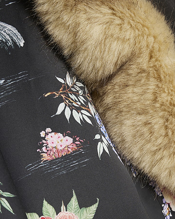 Black Satin Floral Faux Fur Trim Kimono