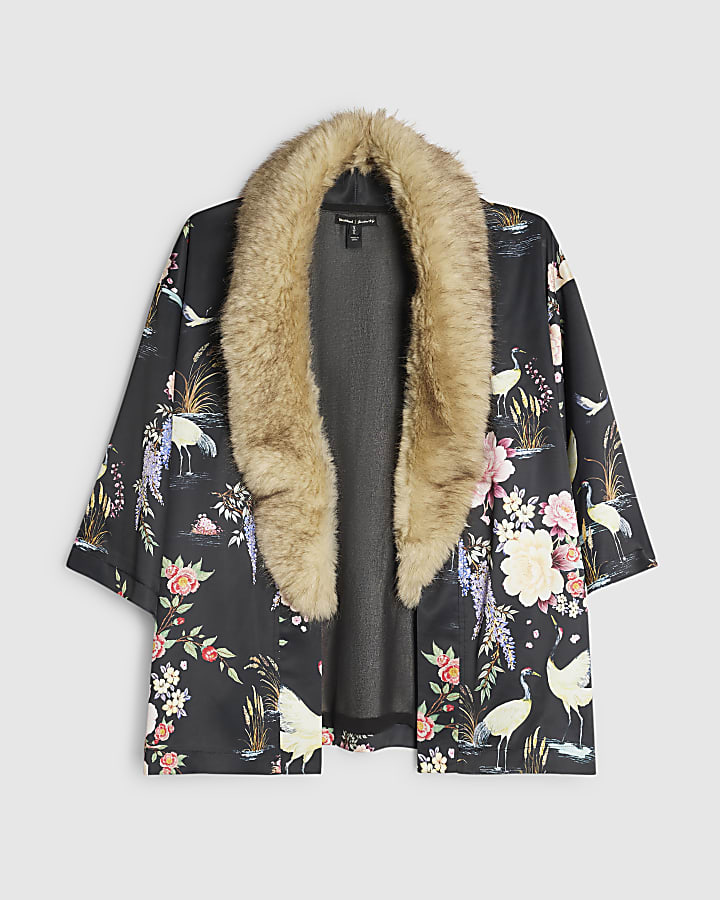 Black Satin Floral Faux Fur Trim Kimono