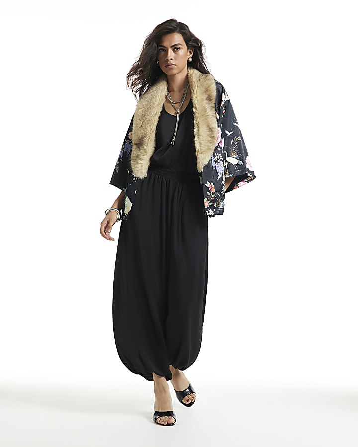 Black Satin Floral Faux Fur Trim Kimono