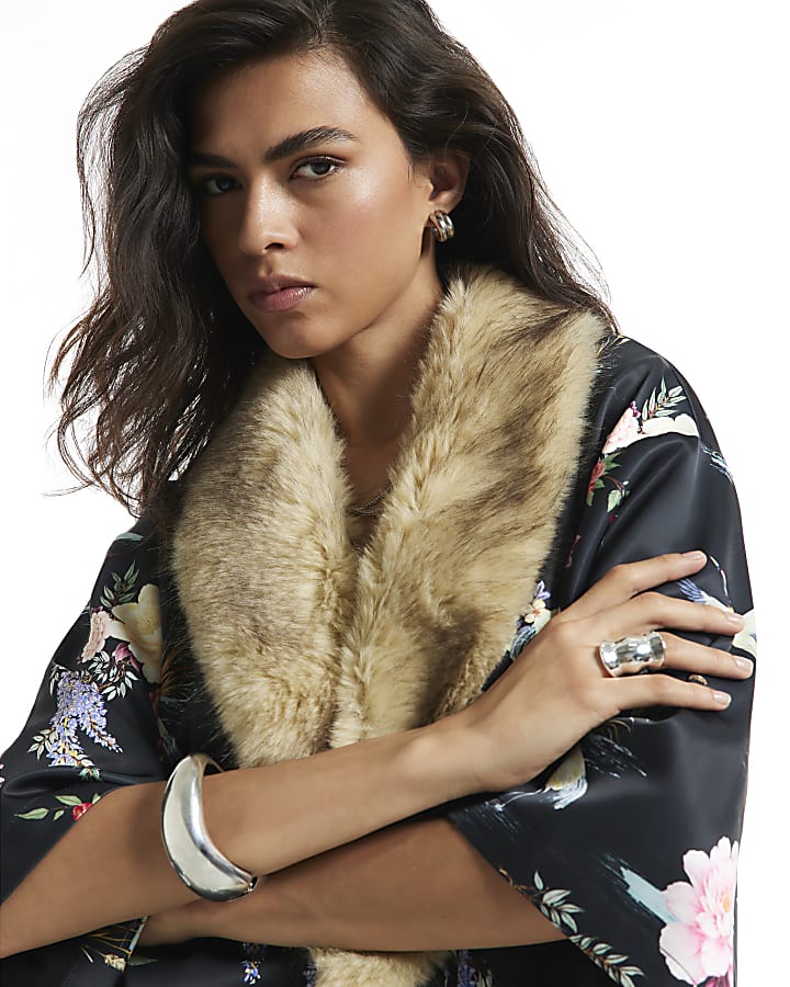 Black Satin Floral Faux Fur Trim Kimono