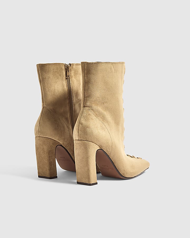 Beige Block Heel Lace Up Ankle Boots