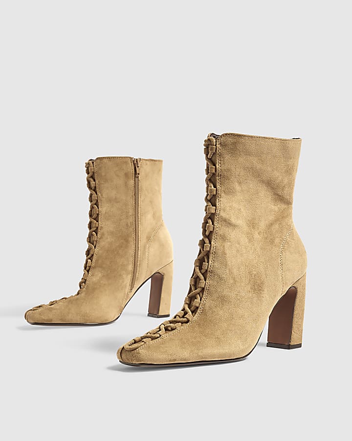 Beige Block Heel Lace Up Ankle Boots