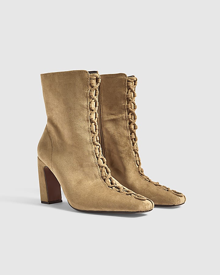 Beige Block Heel Lace Up Ankle Boots