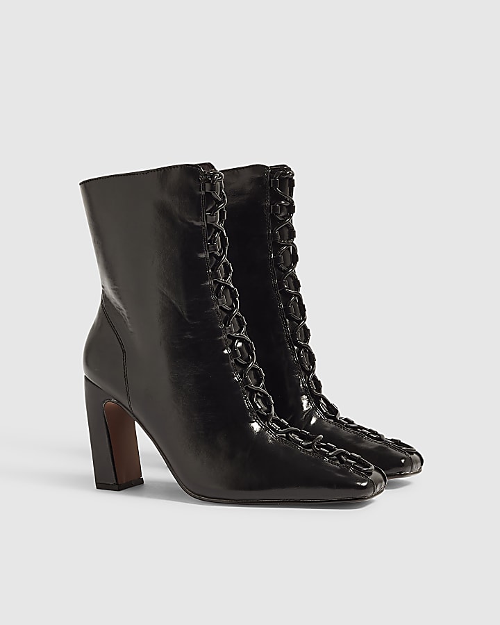 Black Block Heel Lace Up Ankle Boots