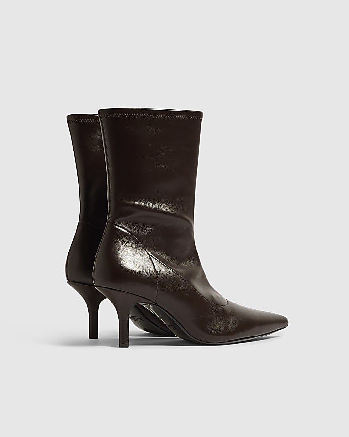 Brown Faux Leather Heeled Ankle Boots