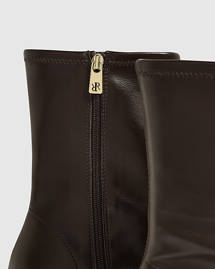 Brown Faux Leather Heeled Ankle Boots