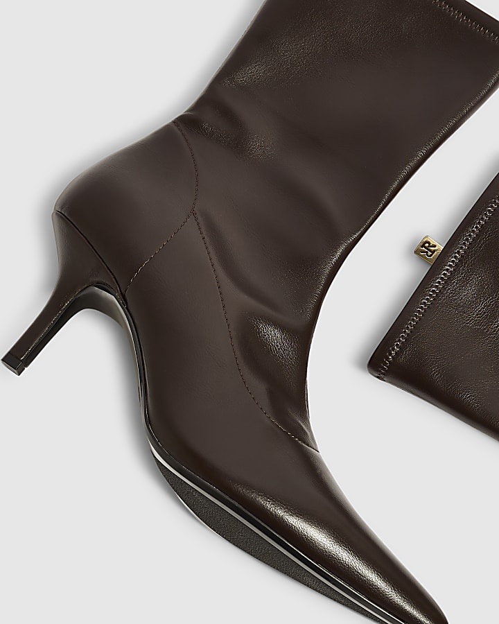 Brown Faux Leather Heeled Ankle Boots