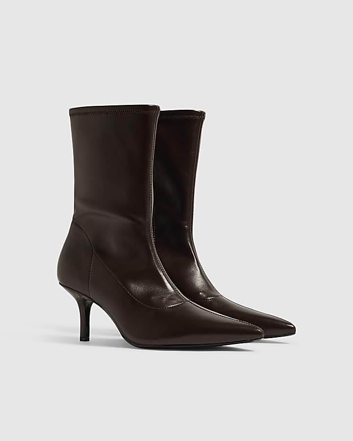 Brown Faux Leather Heeled Ankle Boots