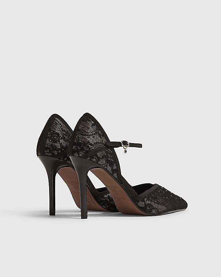 Black Lace Stiletto Court Heels