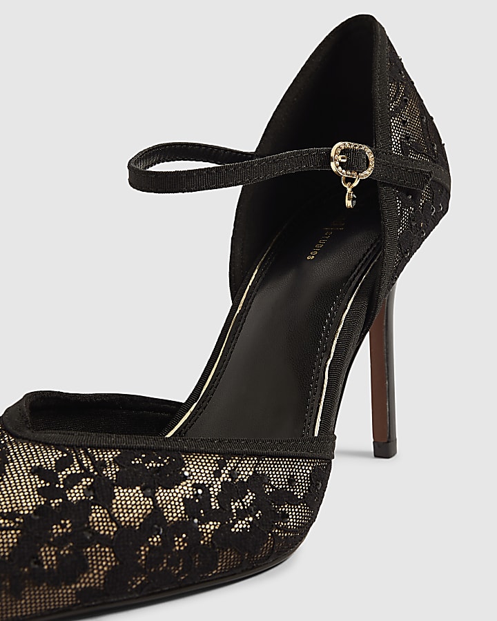 Black Lace Stiletto Court Heels