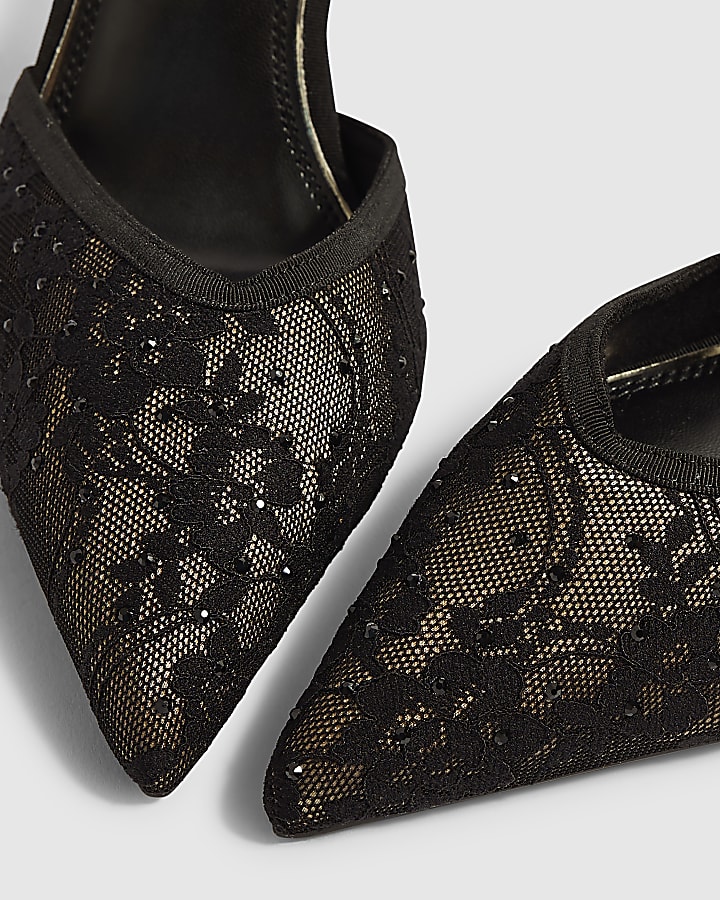 Black Lace Stiletto Court Heels