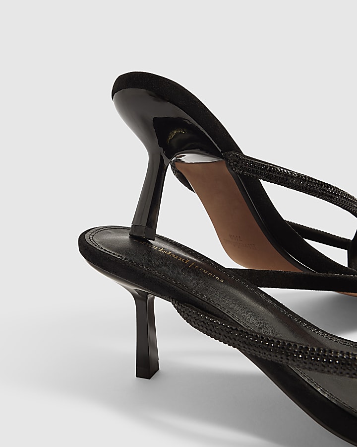 Black Toe Thong Diamante Heels