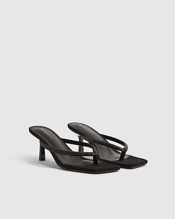 Black Toe Thong Diamante Heels