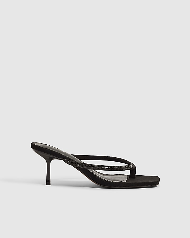 Black Toe Thong Diamante Heels